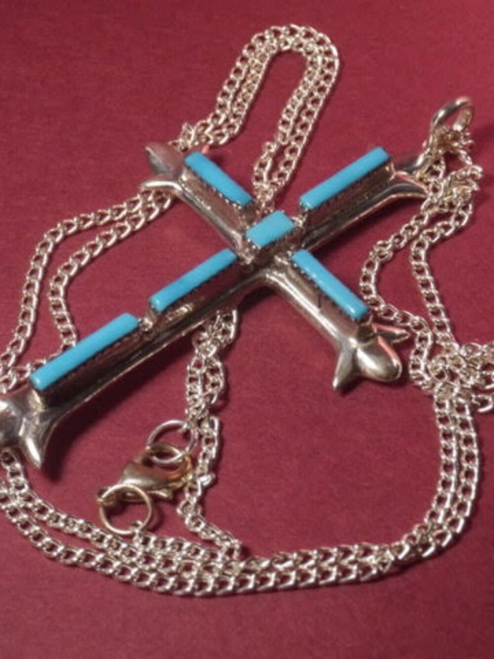 Vintage Unisex Zuni Sterling Silver and Turquoise Cross and Chain SIGNED